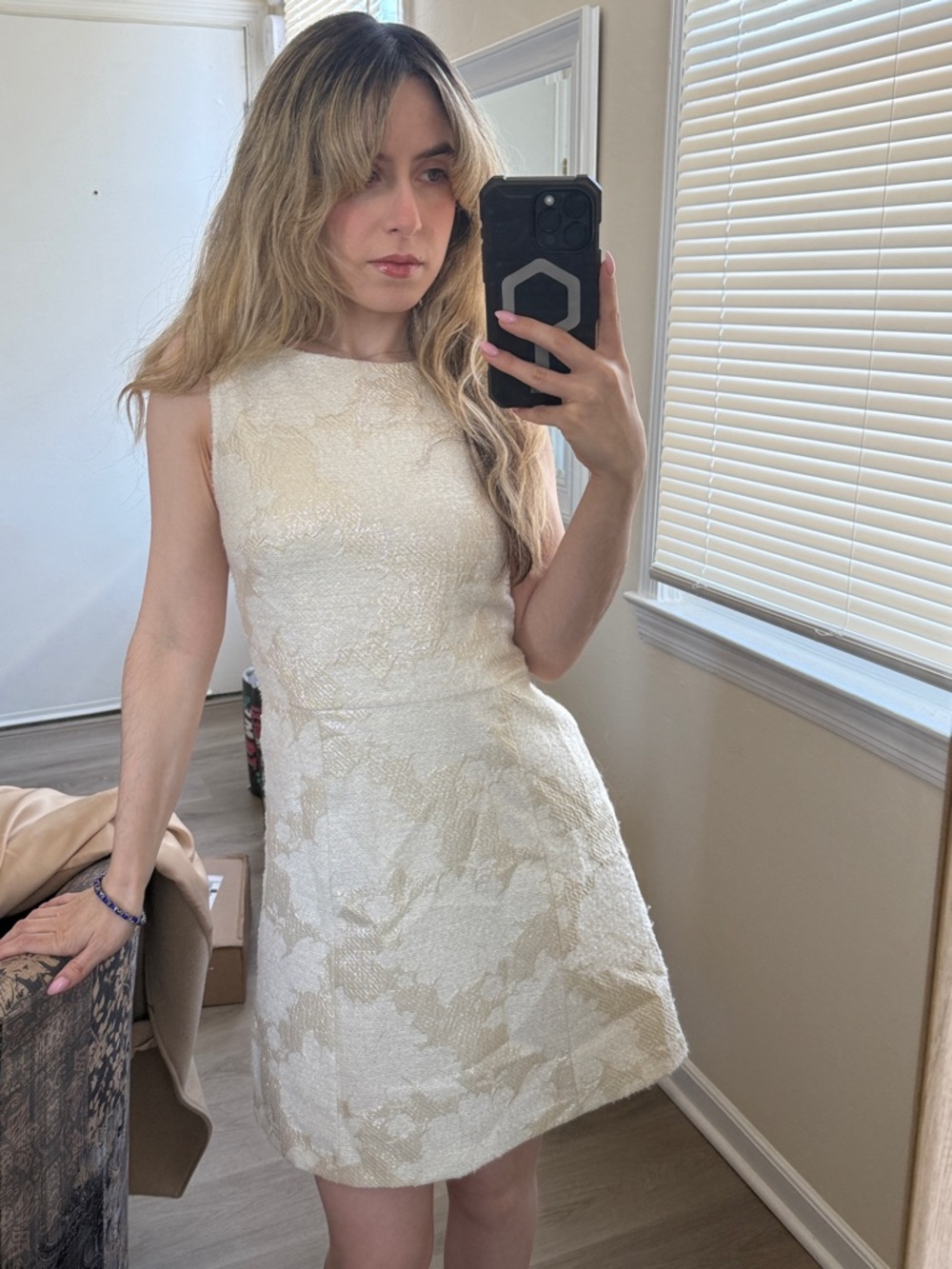 Alice & Olivia Alice + Olivia Ivory Cream Gold Threaded Jacquard Dress